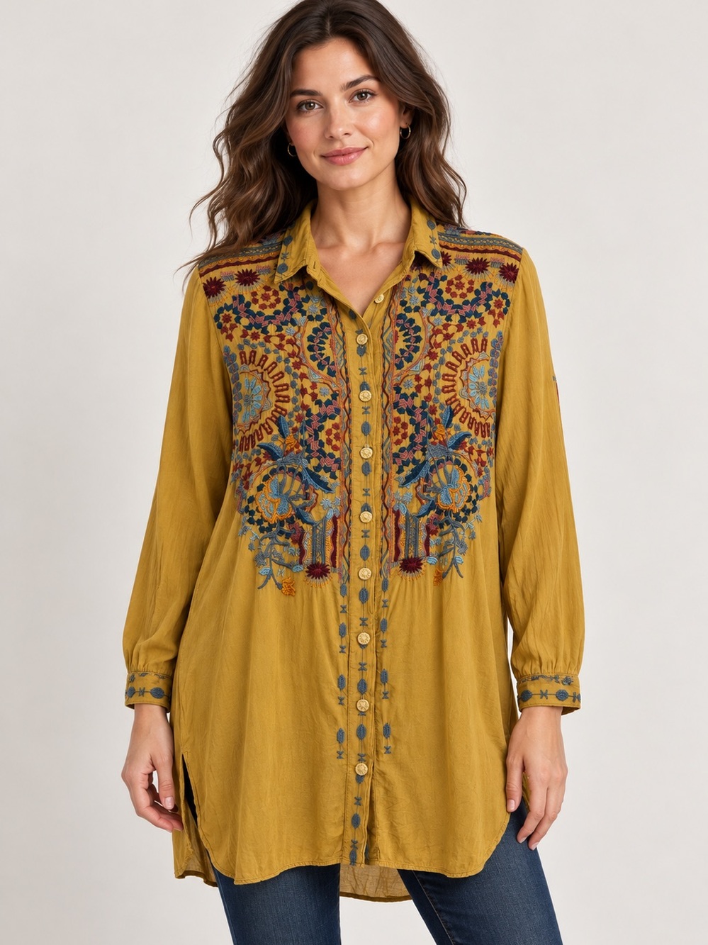 Johnny Was Embroidered Boho Mustard Yellow Button Front Tunic Top Pockets M